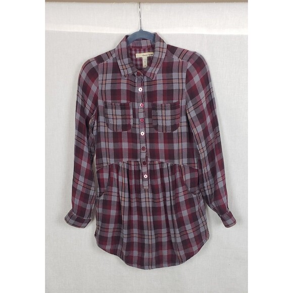 American Rag Shirt Womens Red Gray Plaid Button M Peplum Casual Back To School - Picture 1 of 11